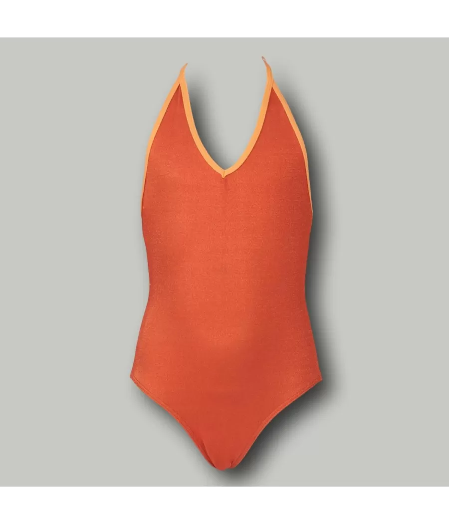 1delig zwempak voor meisjes met lichtgevende oranje halslijn (Exclu web 2024) - Maillots 1 pièce fille | Kiwi Saint Tropez