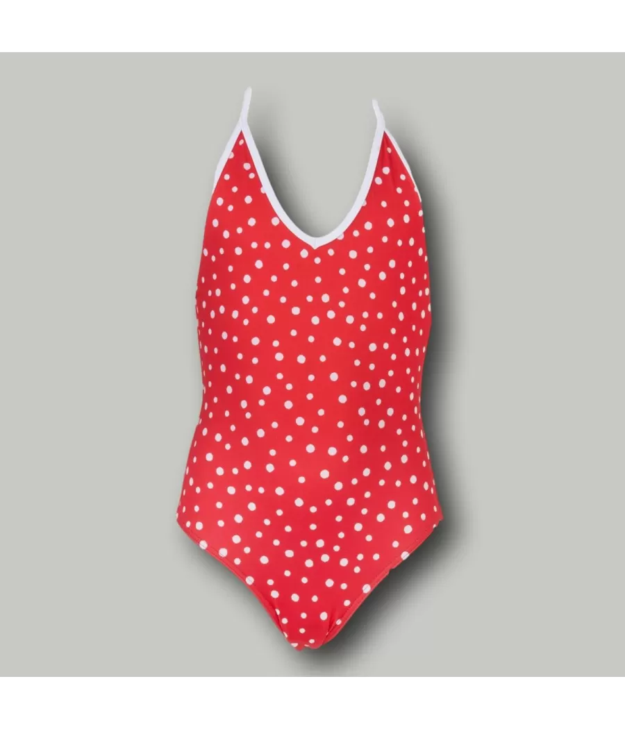 Maillot 1 pièce fille décolleté peas rouge (Exclu web 2024) - One piece swimwear girl | Kiwi Saint Tropez