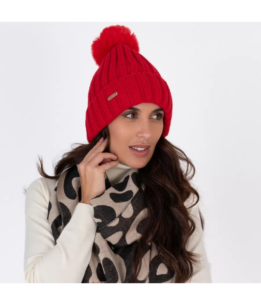 Bonnet femme pompon uni rouge