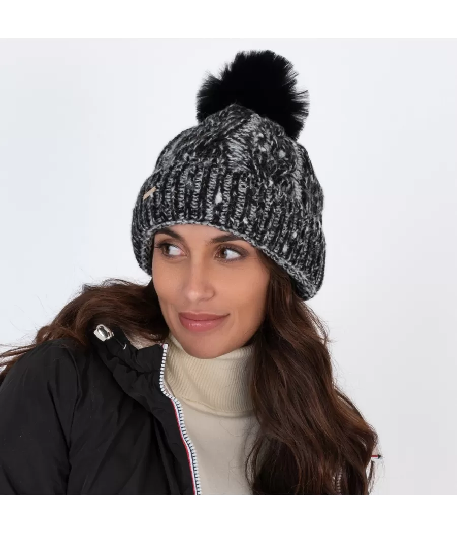 Bonnet femme pompon chiné noir