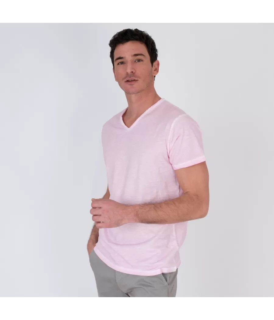 T-shirt homme col V tikiti rose | Kiwi Saint Tropez