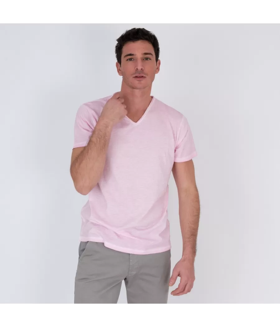 T-shirt homme col V tikiti rose | Kiwi Saint Tropez