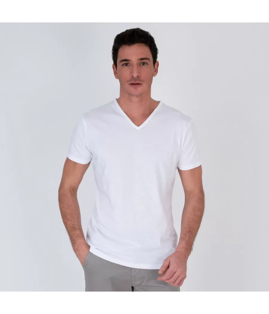 T shirt blanc col v homme on sale