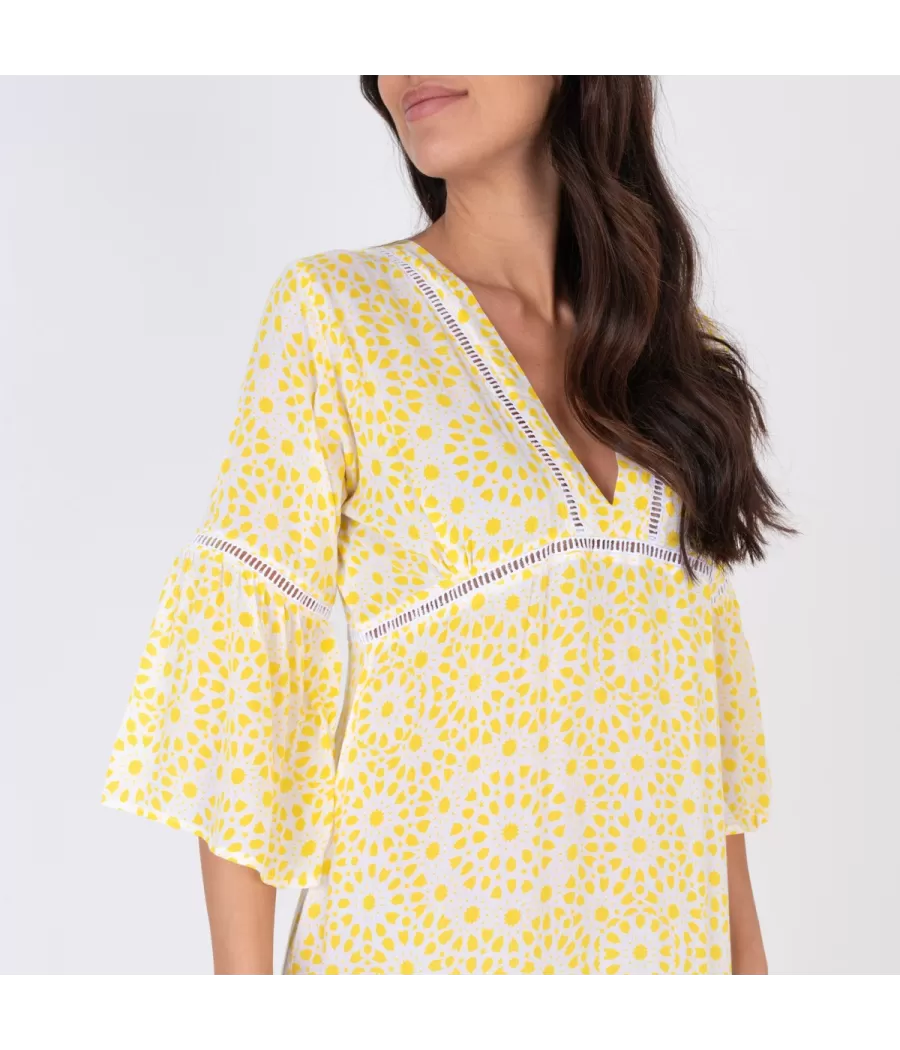 Tunique femme longue bali rosace jaune | Kiwi Saint Tropez