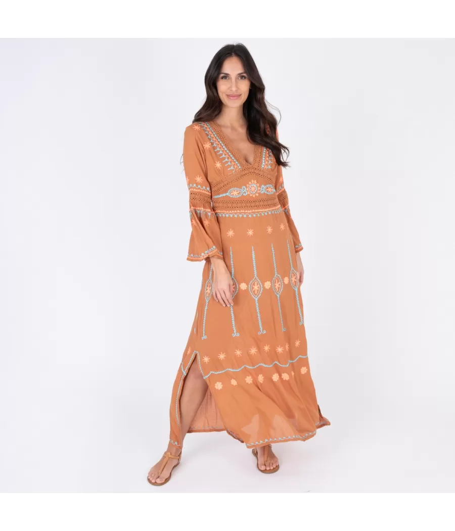 Tunique femme longue romantic camel | Kiwi Saint Tropez