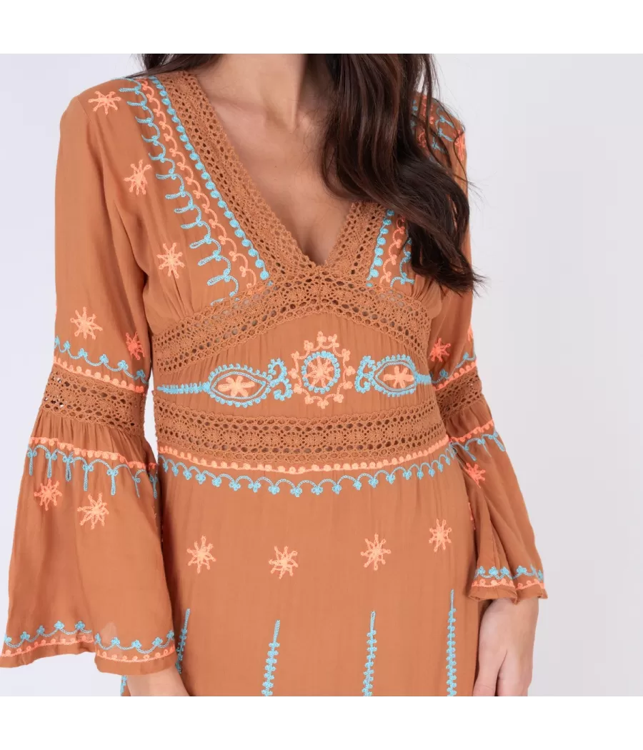 Tunique femme longue romantic camel | Kiwi Saint Tropez