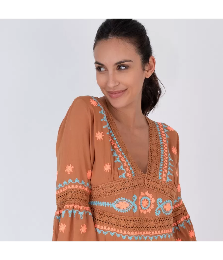 Tunique femme courte romantic camel | Kiwi Saint Tropez