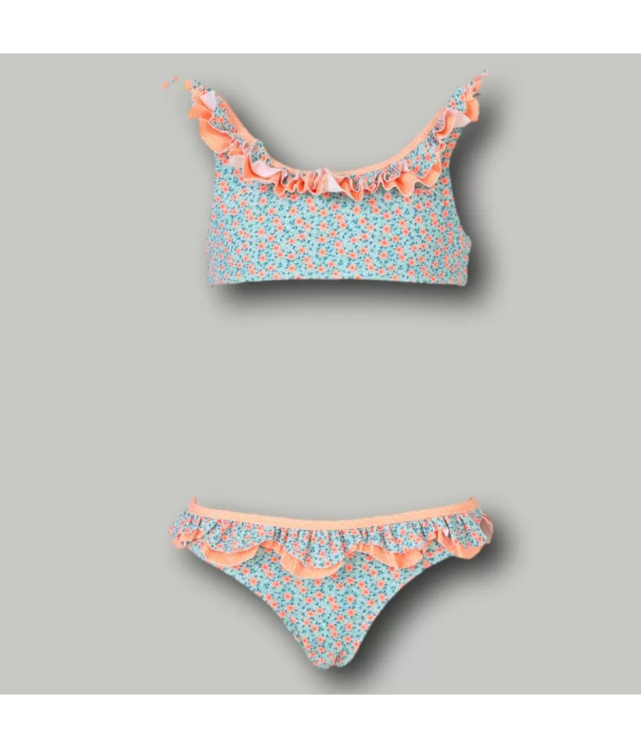 Maillot 2 pièces fille brassière volant meadow corail