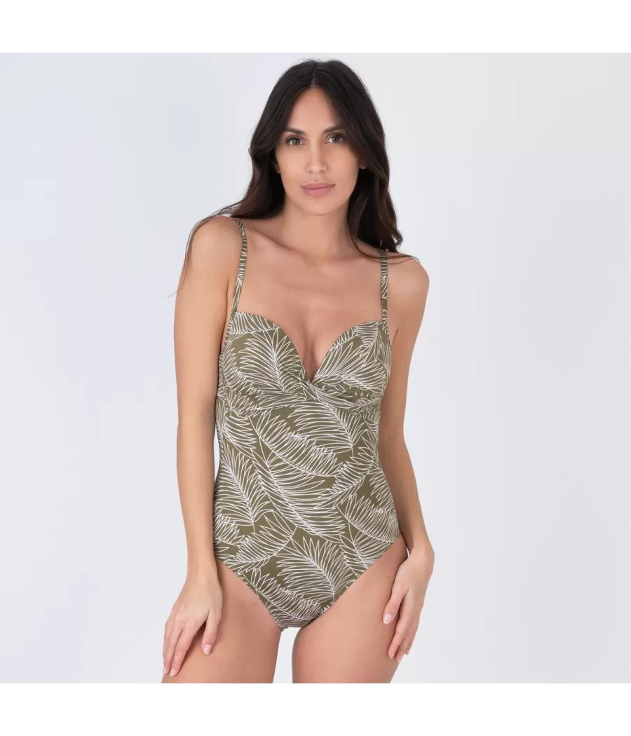 Maillot 1 pièce femme coques feuillu kaki - Printed ne piece swimwear | Kiwi Saint Tropez