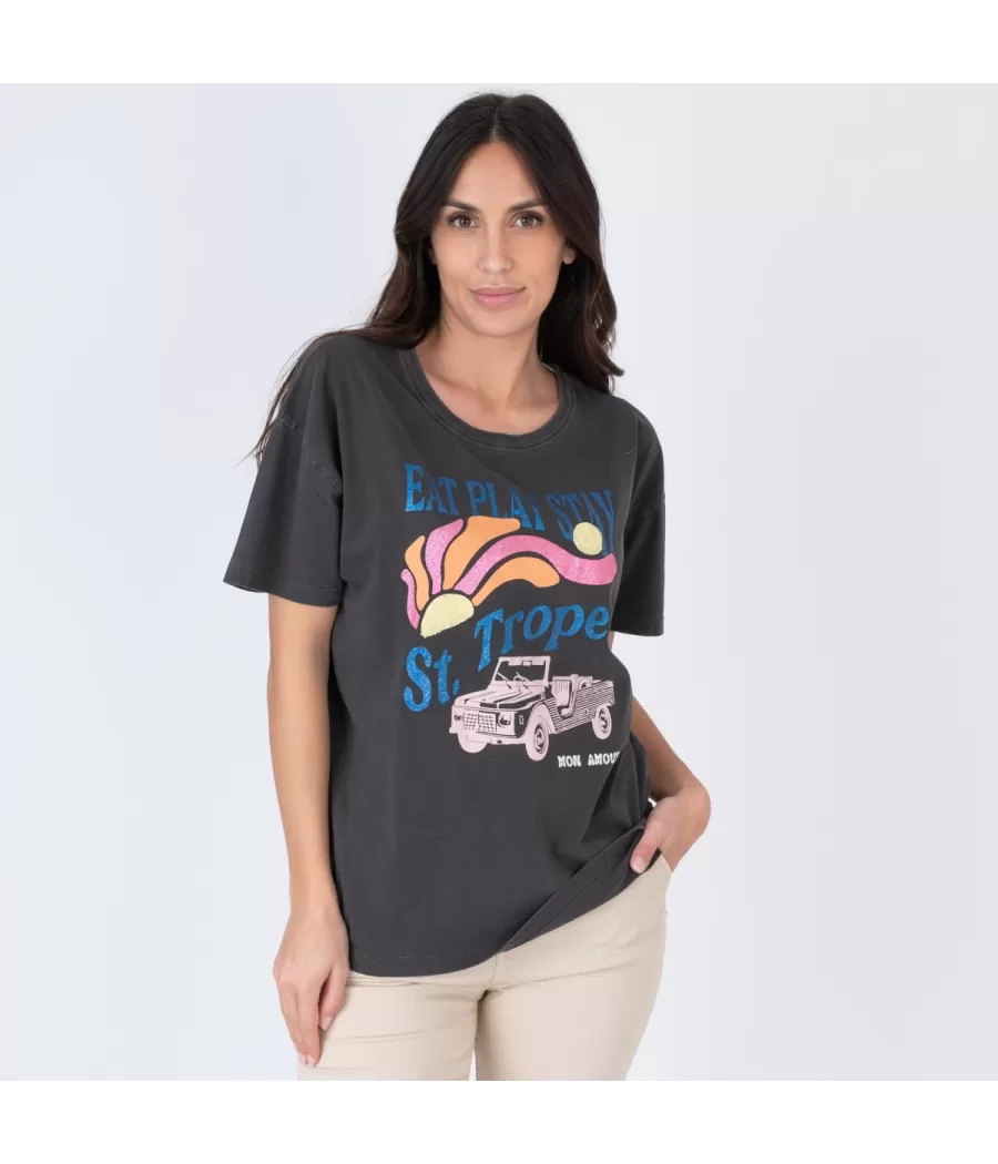 T-shirt femme play Saint Tropez carbone