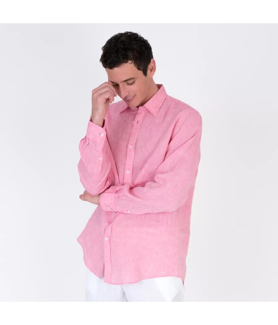 Chemise homme en lin Laos fushia | Kiwi Saint Tropez