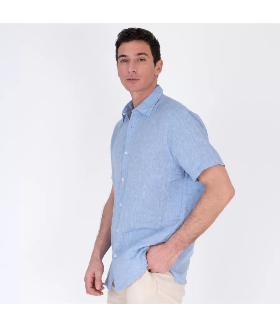 Chemise homme lin manches courtes laos bleu