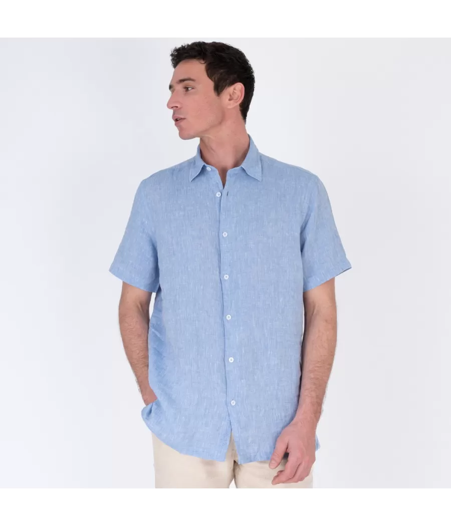 Chemise homme lin manches courtes laos bleu - Chemises homme | Kiwi Saint Tropez