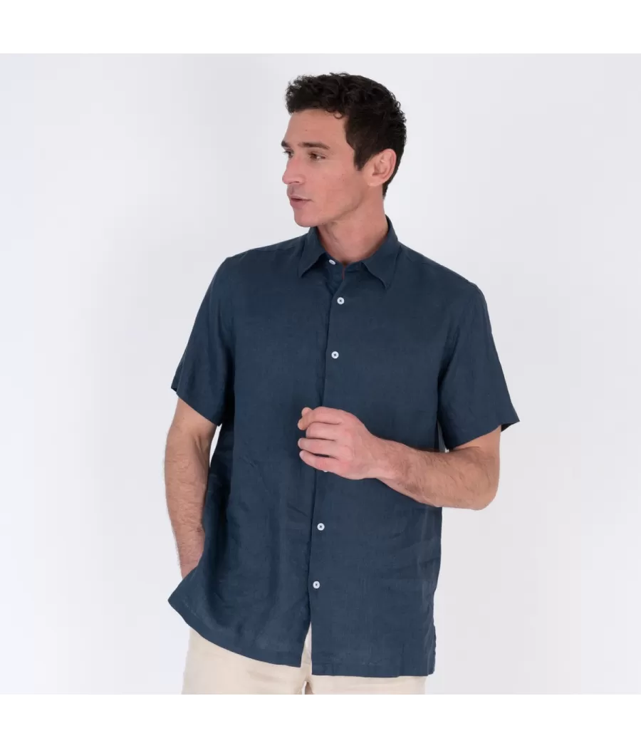 Chemise homme lin manches courtes laos marine | Kiwi Saint Tropez