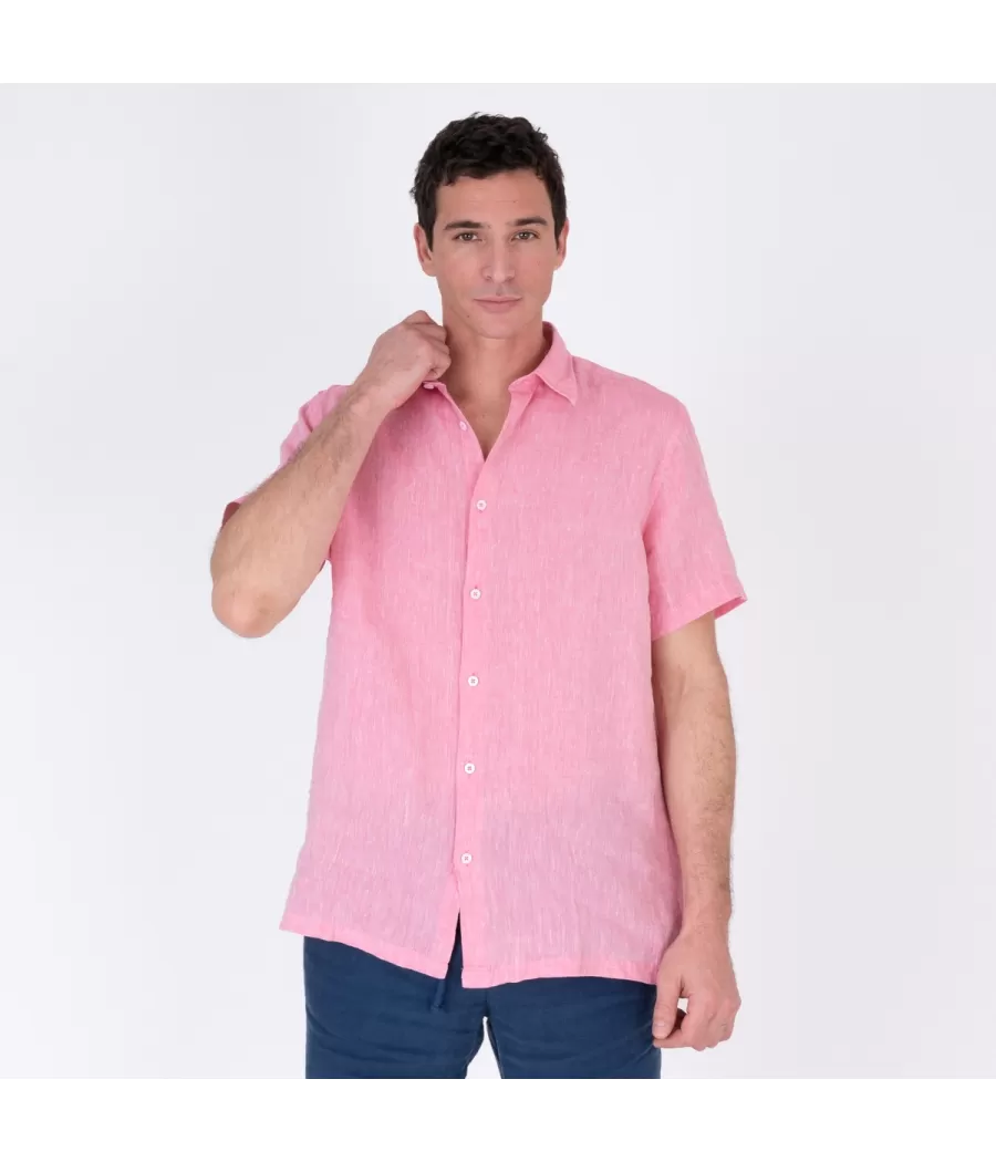 Chemise homme lin manches courtes laos fushia - Chemises homme | Kiwi Saint Tropez