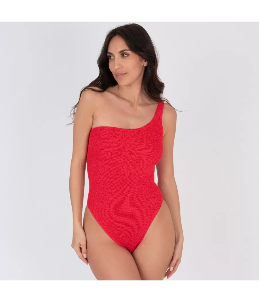 Maillot 1 pièce femme asymétrique one size Wavy rouge (Exclu web 2024) - Maillots 1 piece unis | Kiwi Saint Tropez