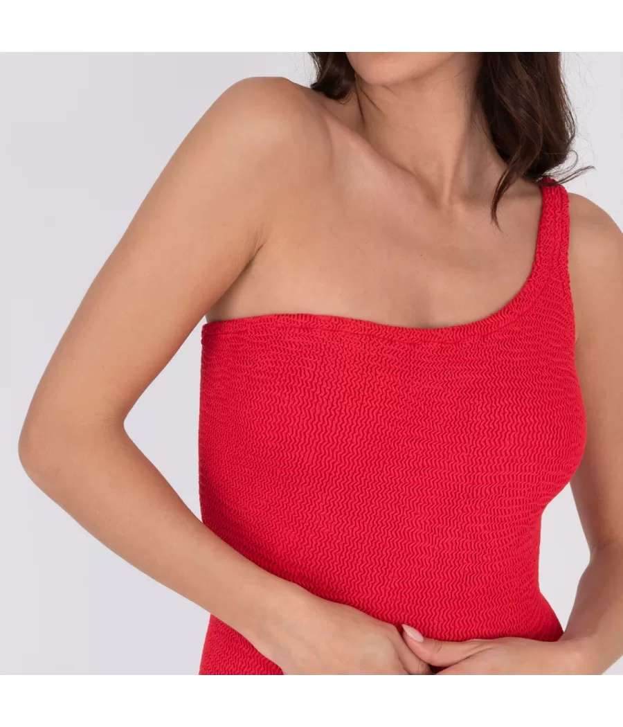 Maillot 1 pièce femme asymétrique one size Wavy rouge (Exclu web 2024) | Kiwi Saint Tropez