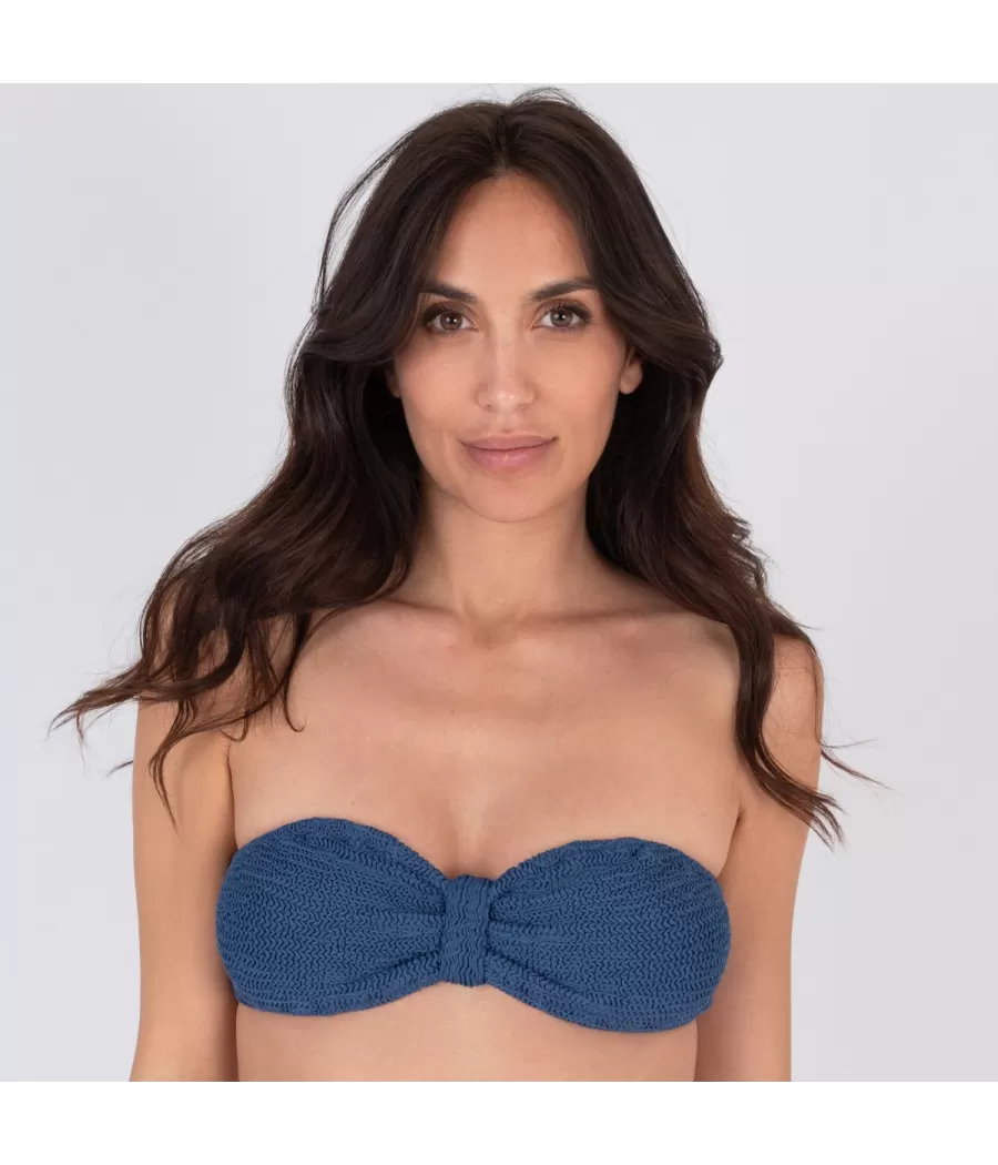 Haut de maillot femme bandeau resserré one size Wavy denim (Exclu web 2024)