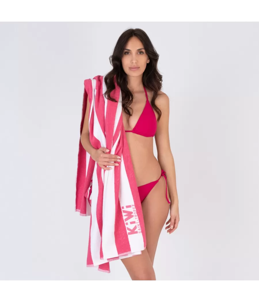 Serviette de plage rayée fushia | Kiwi Saint Tropez