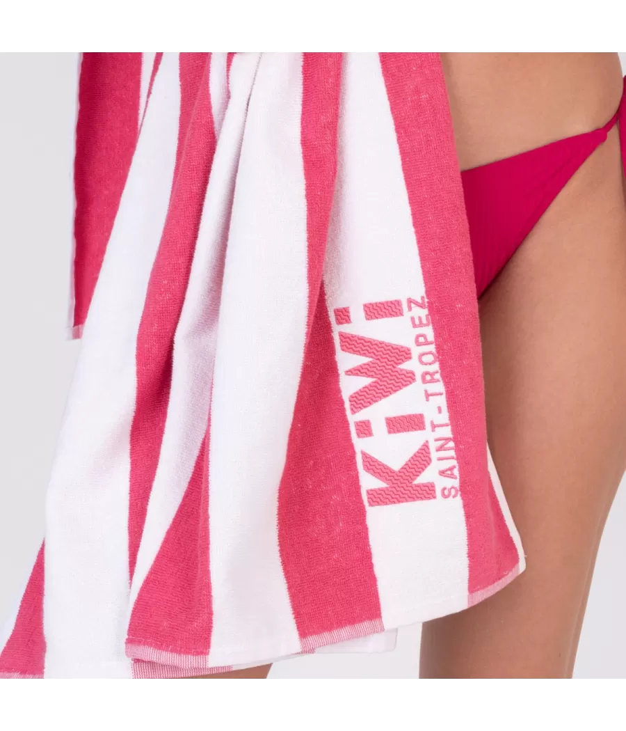 Serviette de plage rayée fushia | Kiwi Saint Tropez