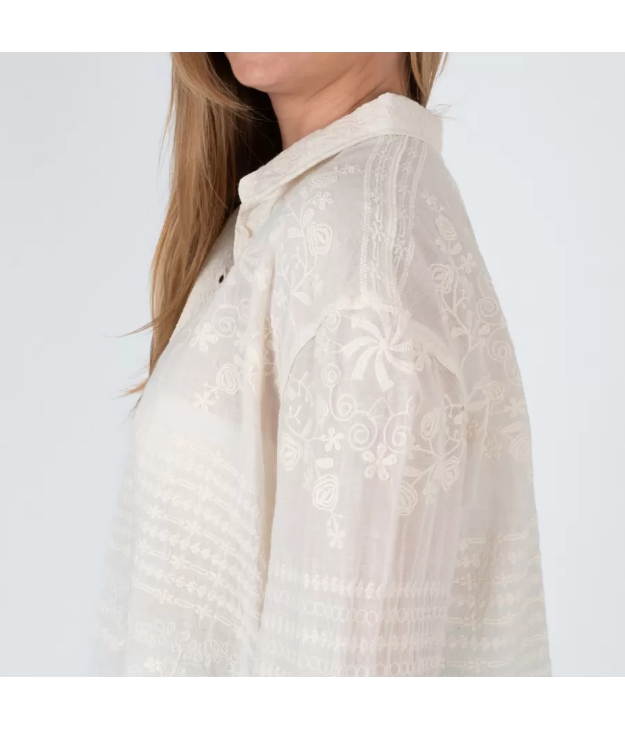 Damesshirt rosa embroidery model B beige - Chemises femme | Kiwi Saint Tropez