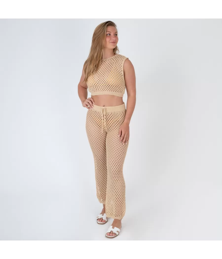 Top femme crochet rosa modèle D beige | Kiwi Saint Tropez