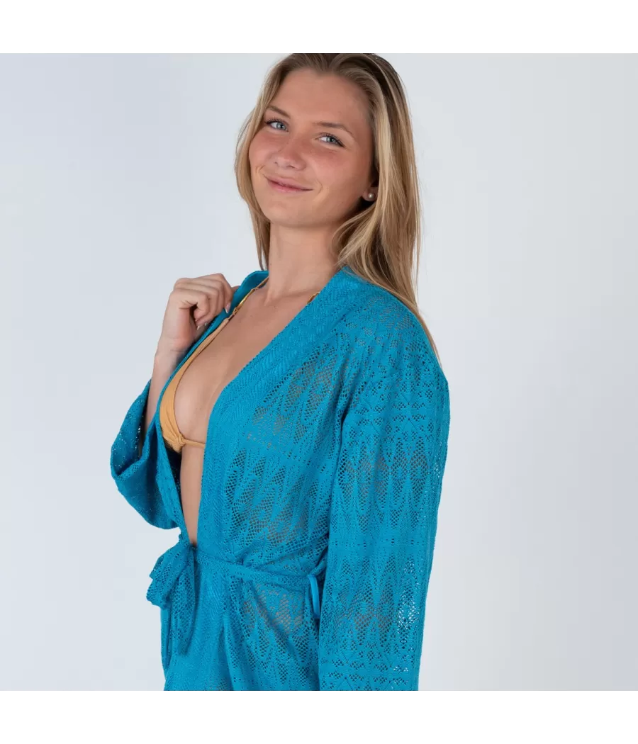 Kimono femme crochet Coachella turquoise | Kiwi Saint Tropez