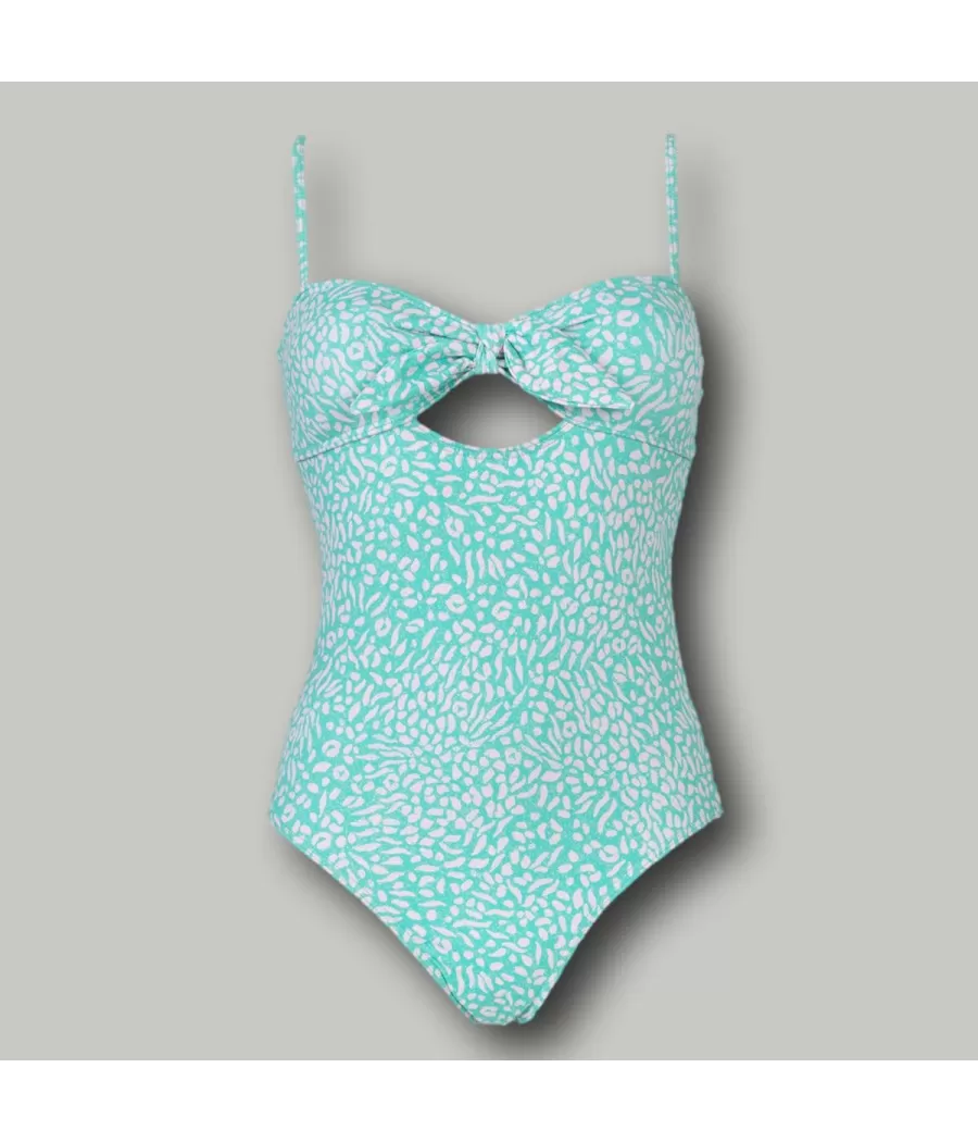 Maillot 1 pièce fille noeud félin menthe