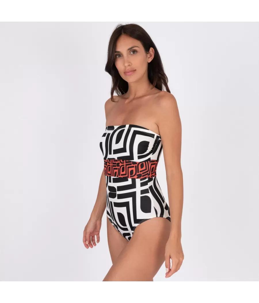 Maillot 1 pièce femme bustier géo noir | Kiwi Saint Tropez