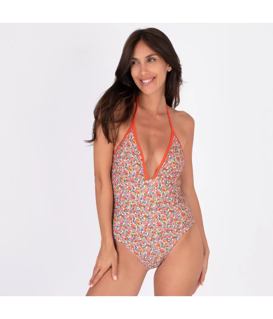 Maillot 1 pièce femme décolleté liberty orange | Kiwi Saint Tropez