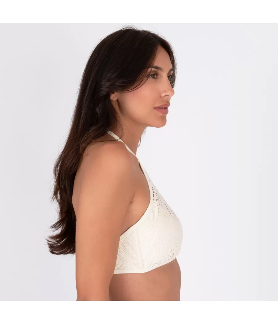 Haut de maillot femme bandeau col montant crochet écru | Kiwi Saint Tropez