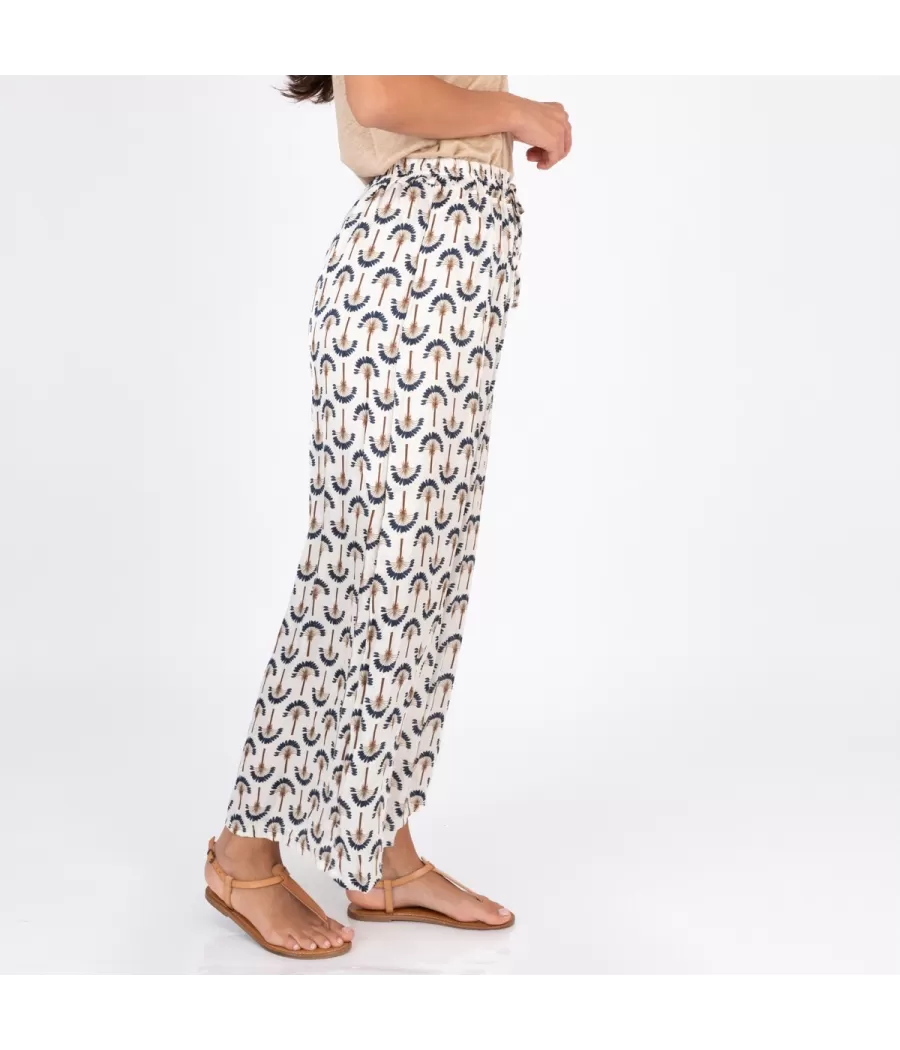 Pantalon femme satin imprimé palmito marine | Kiwi Saint Tropez