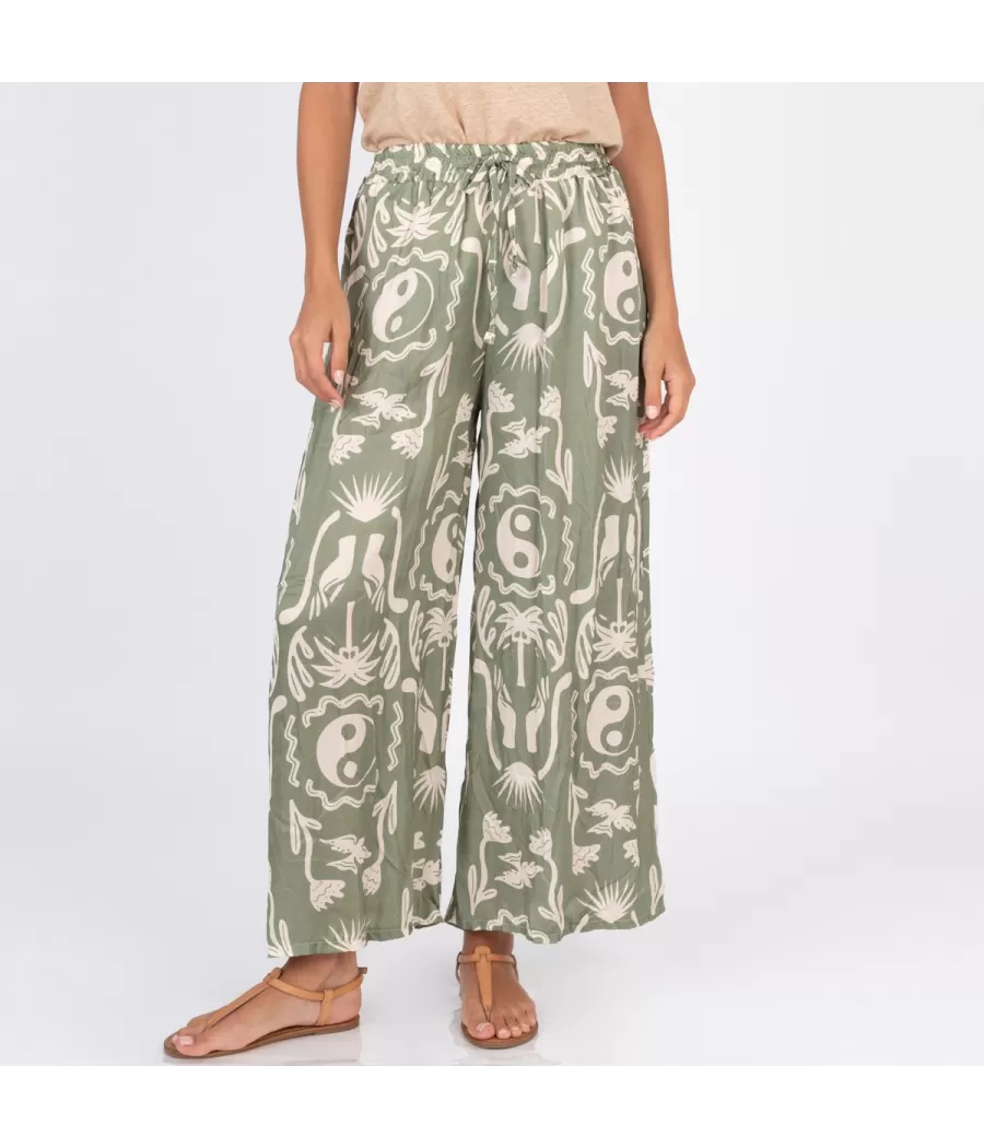 Pantalon femme satin imprimé Afrique kaki | Kiwi Saint Tropez