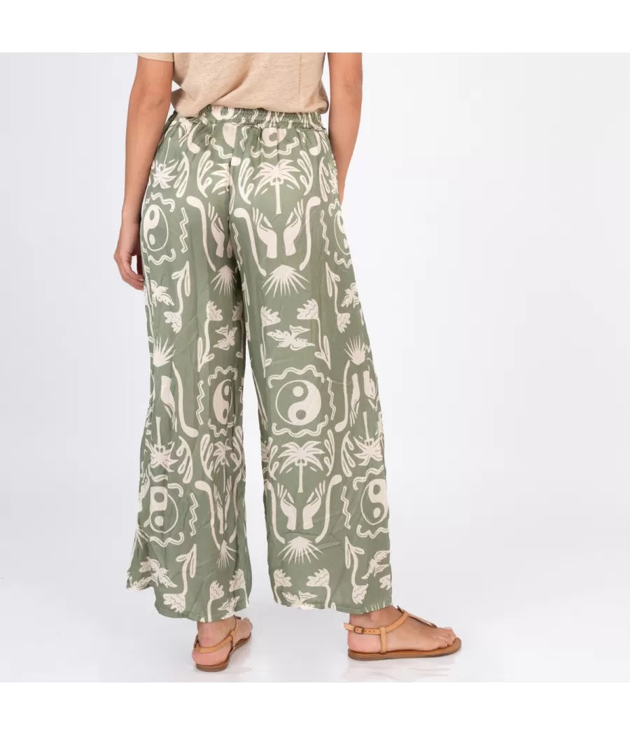 Pantalon femme satin imprimé Afrique kaki | Kiwi Saint Tropez