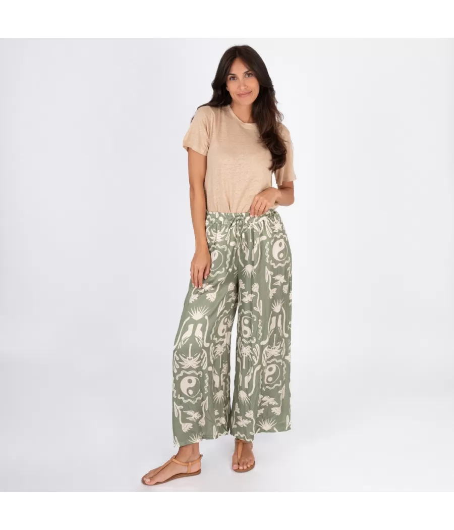 Pantalon femme satin imprimé Afrique kaki | Kiwi Saint Tropez