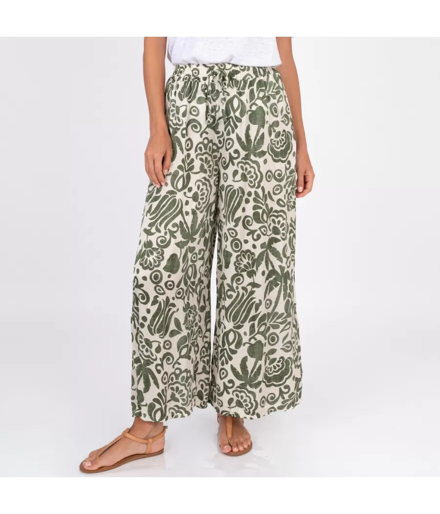 Pantalon femme satin imprimé pivoine kaki | Kiwi Saint Tropez