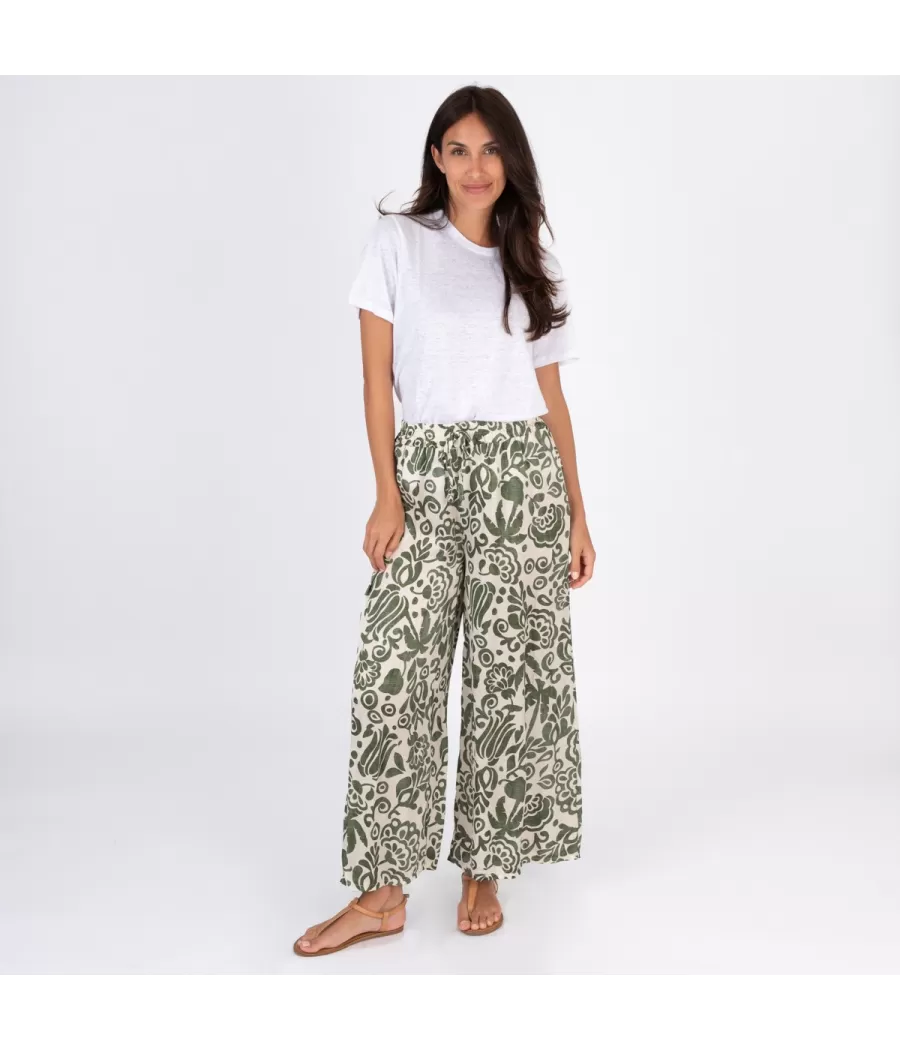 Damesbroek pioenroos print satijn kaki - Pantalons femme | Kiwi Saint Tropez