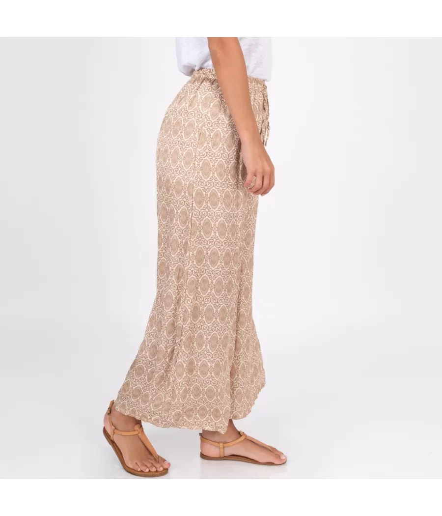 Pantalon femme satin imprimé cachemire beige | Kiwi Saint Tropez