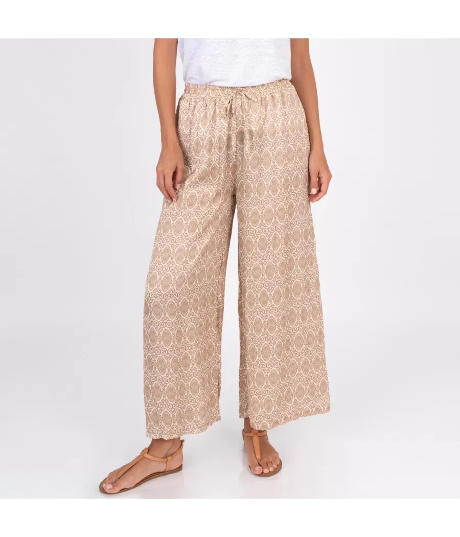 Pantalon femme satin imprimé cachemire beige | Kiwi Saint Tropez