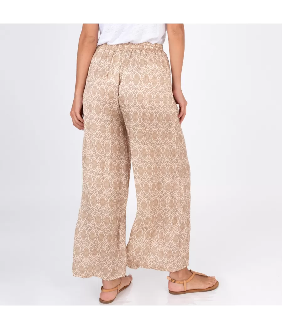 Pantalon femme satin imprimé cachemire beige | Kiwi Saint Tropez