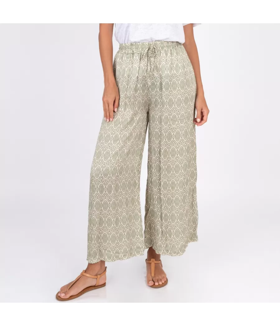 Pantalon femme satin imprimé cachemire vert - Women pants | Kiwi Saint Tropez