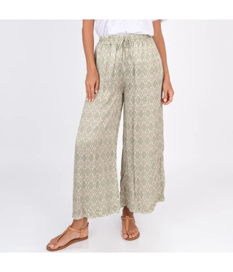 Pantalon femme satin imprimé cachemire vert - Pantalons femme | Kiwi Saint Tropez