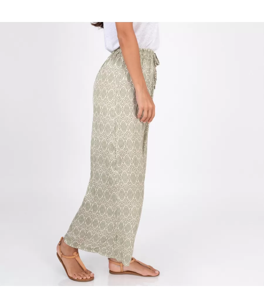 Pantalon femme satin imprimé cachemire vert | Kiwi Saint Tropez