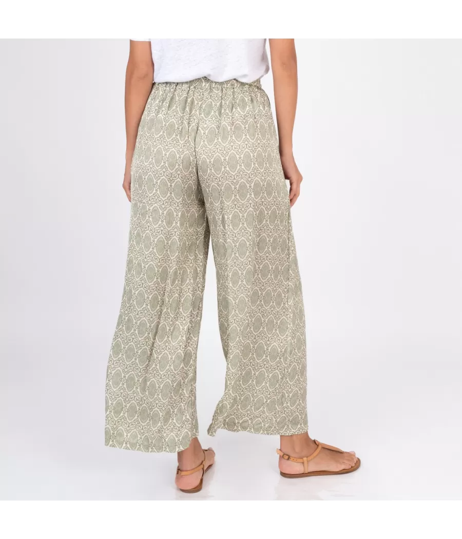 Pantalon femme satin imprimé cachemire vert | Kiwi Saint Tropez