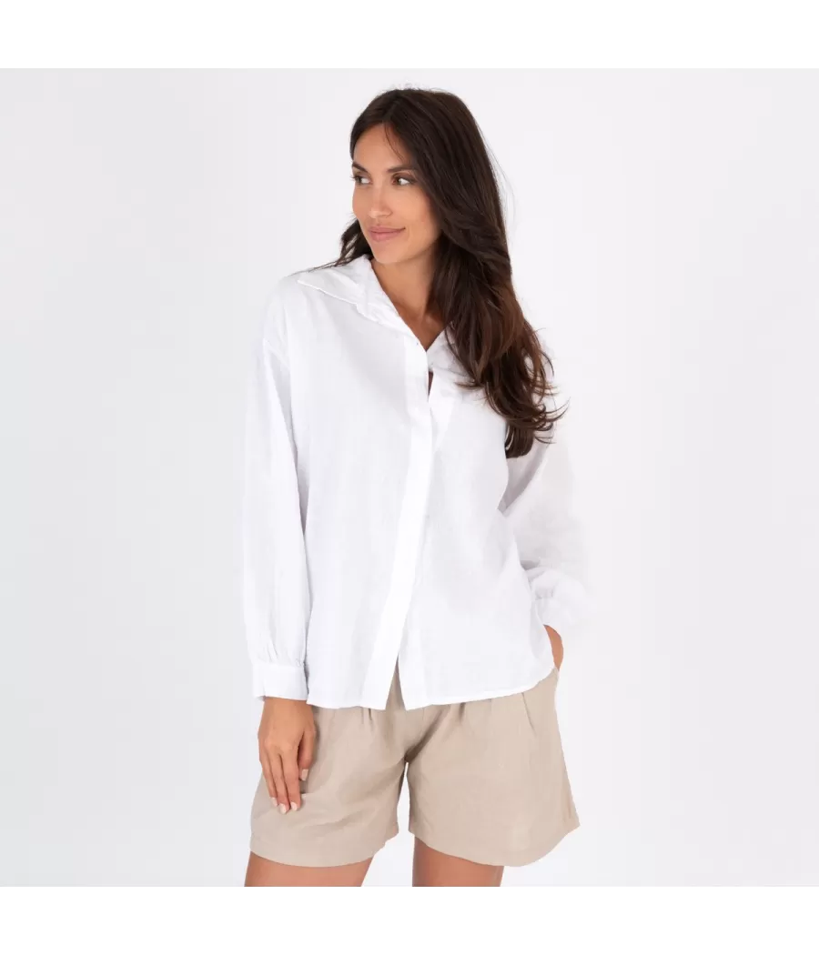 Chemise femme manches longues Besty lin mélangé blanc | Kiwi Saint-Tropez