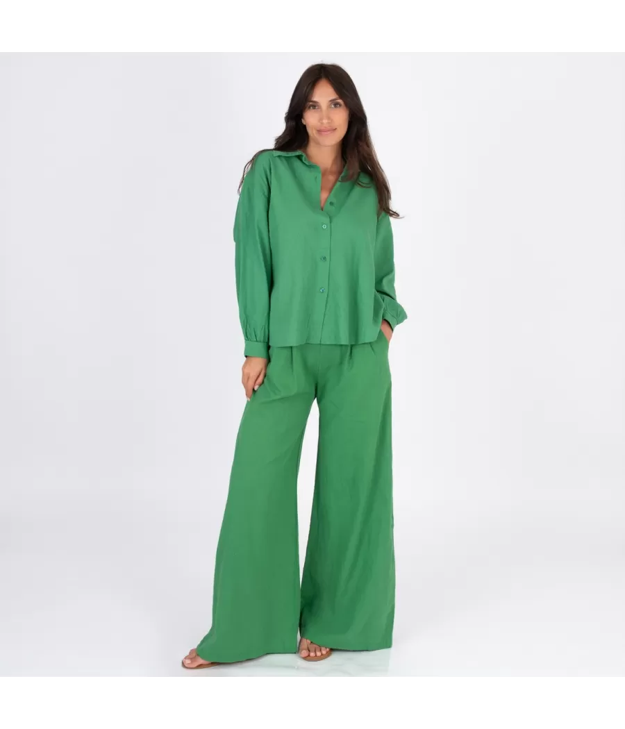 Chemise femme manches longues Besty lin mélangé vert | Kiwi Saint-Tropez