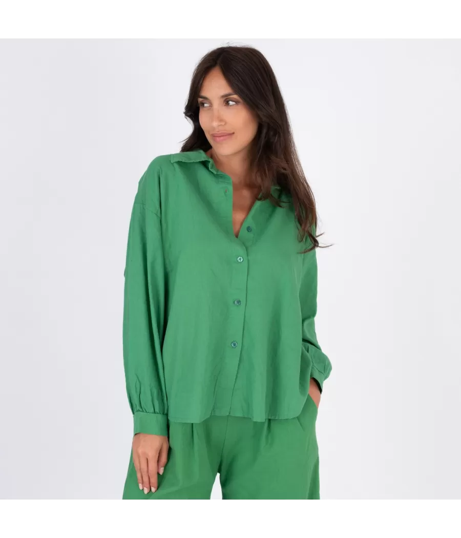 Chemise femme manches longues Besty lin mélangé vert