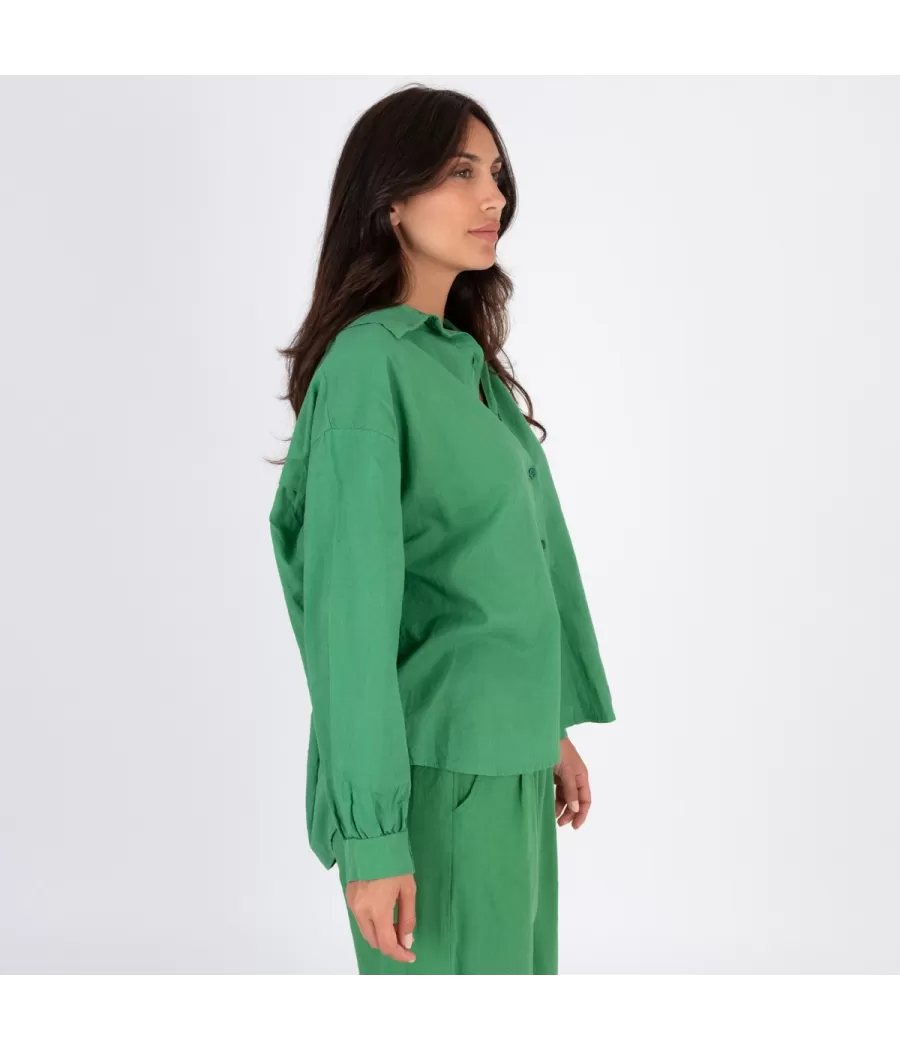 Chemise femme manches longues Besty lin mélangé vert | Kiwi Saint-Tropez