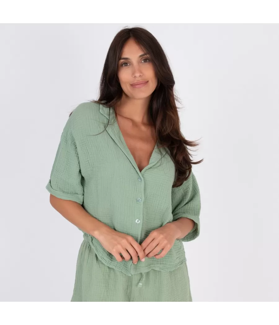 Chemise femme gaze de coton manches courtes olive