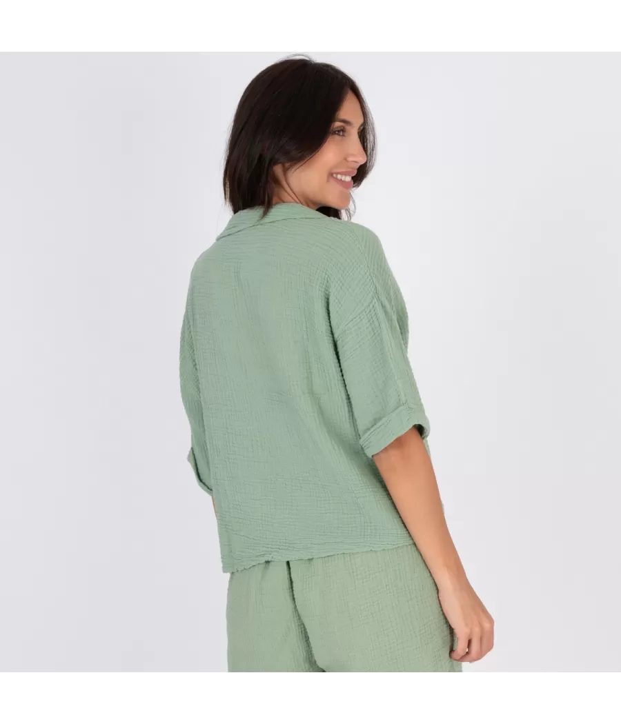 Chemise femme gaze de coton manches courtes olive | Kiwi Saint Tropez